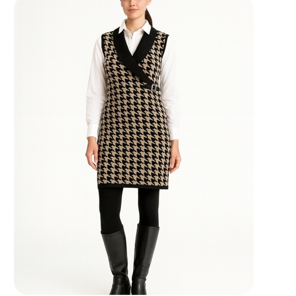 Calvin Klein Houndstooth TanBlack Sleeveless Sweater Dress with belt buckle, L - Picture 1 of 8